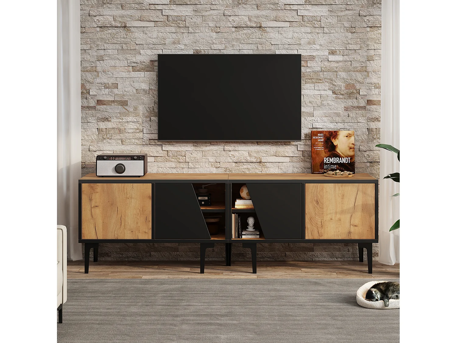TV-Schrank 160x36,5x45 cm - mit Türen und Einlegeböden - Spanplatten - Natur + schwarz