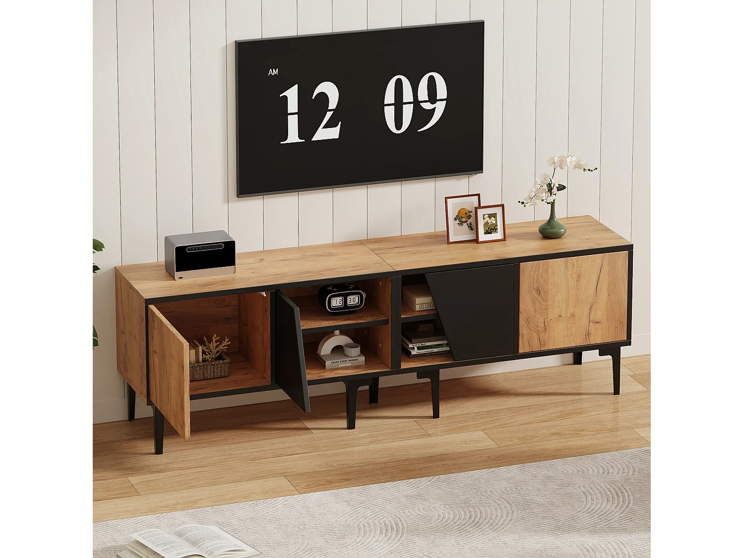TV-Schrank 160x36,5x45 cm - mit Türen und Einlegeböden - Spanplatten - Natur + schwarz