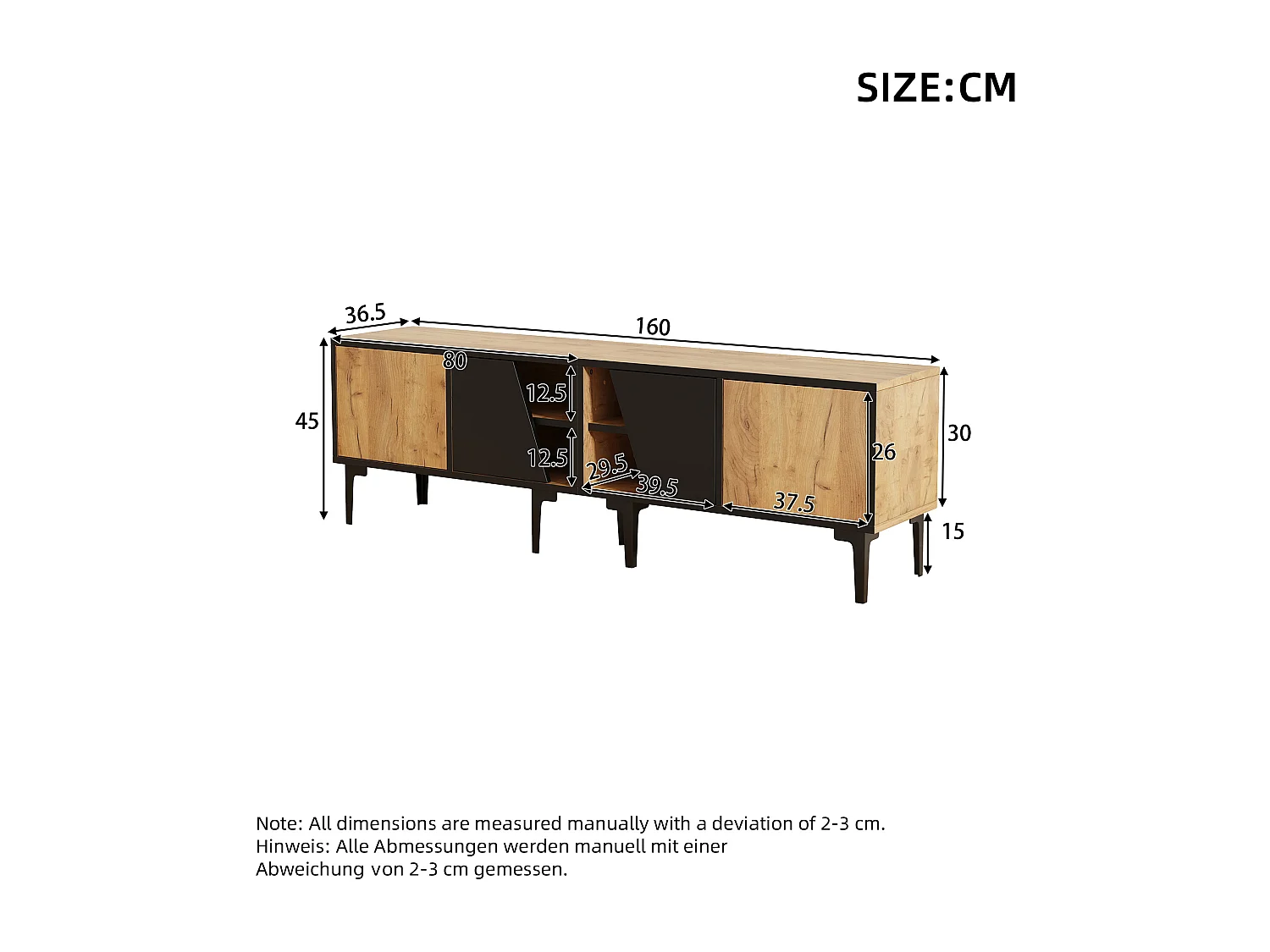 TV-Schrank 160x36,5x45 cm - mit Türen und Einlegeböden - Spanplatten - Natur + schwarz