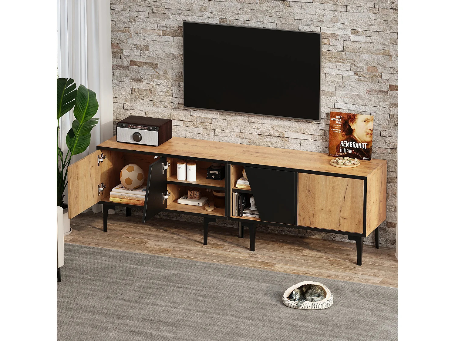 Meuble TV 160x36,5x45 cm - avec portes et étagères - Panneaux de particuless - Naturel + noir