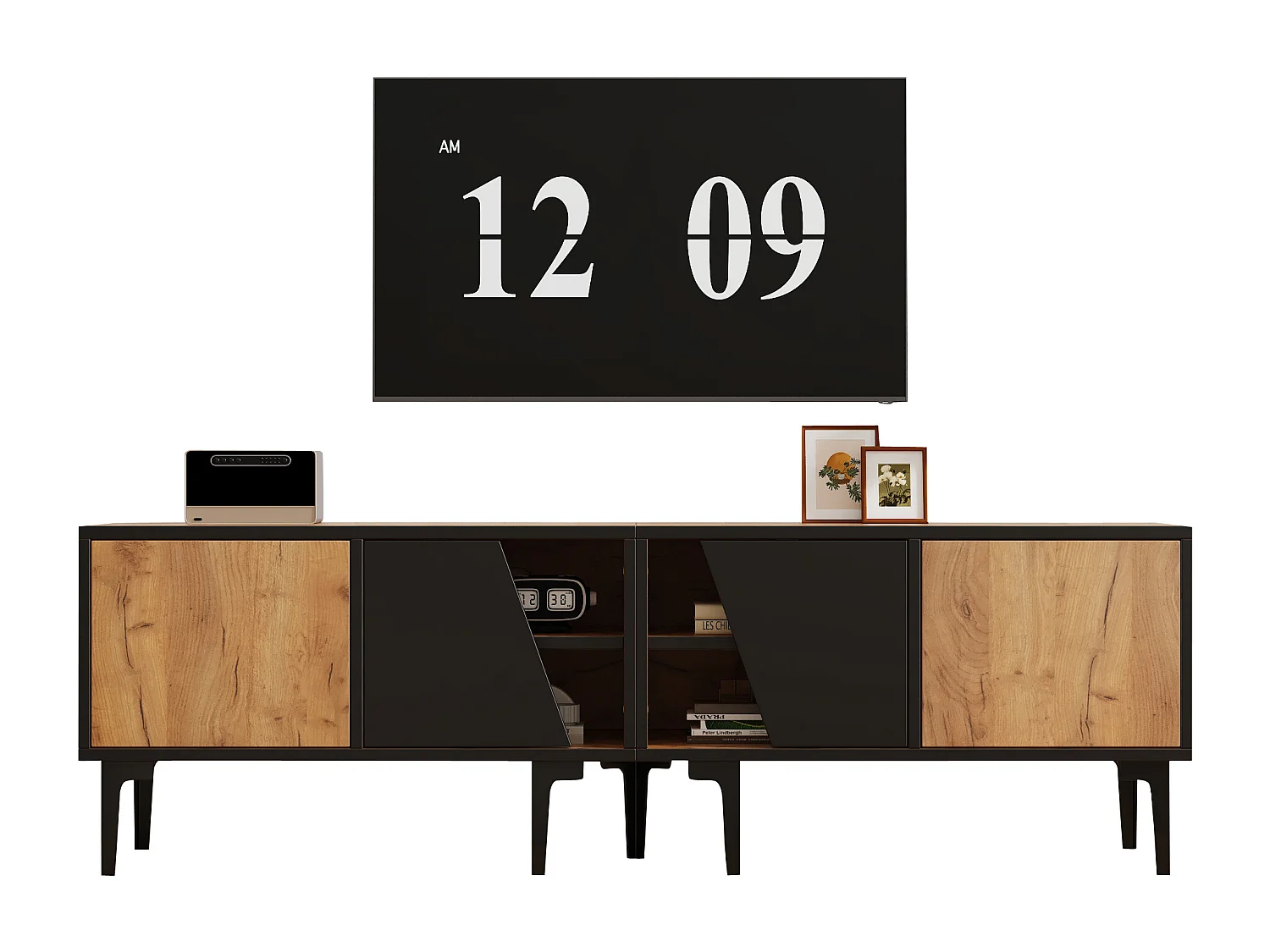 Meuble TV 160x36,5x45 cm - avec portes et étagères - Panneaux de particuless - Naturel + noir