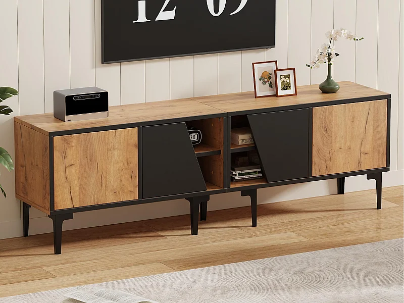 Meuble TV 160x36,5x45 cm - avec portes et étagères - Panneaux de particuless - Naturel + noir