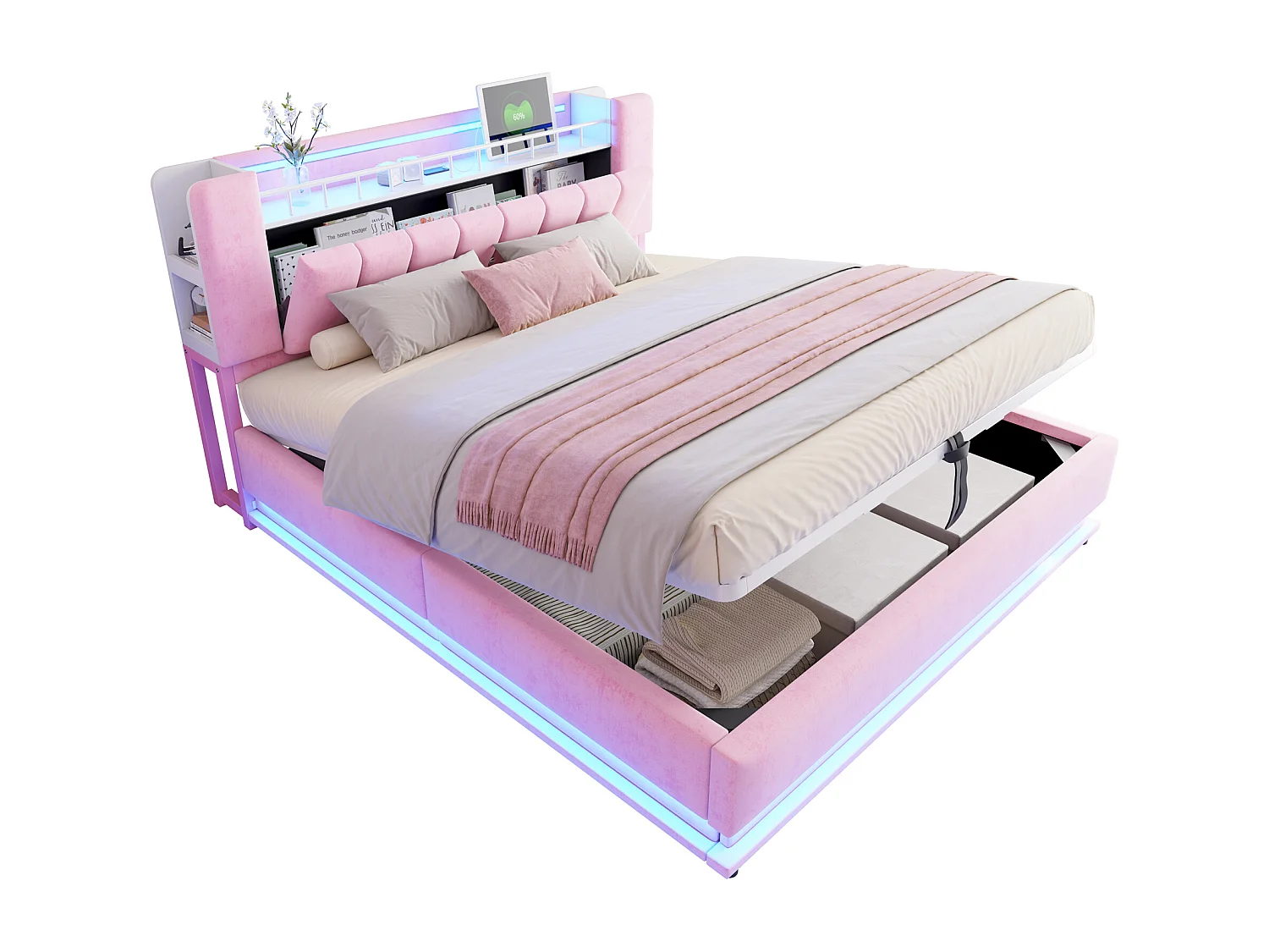 Gepolstertes Stauraumbett 180x200 cm - mit LED-Beleuchtung - mit USB-Anschluss - Samt - rosa​ (Matratze nicht inbegriffen)