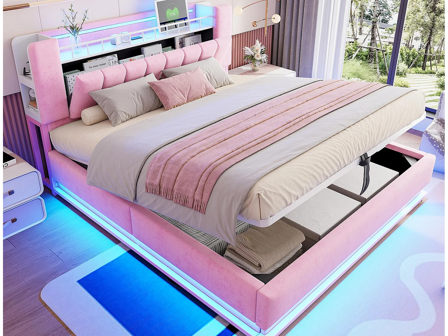 Lit coffre capitonné 180x200 cm - avec lumière LED - avec port USB - velours - rose (matelas non inclus)