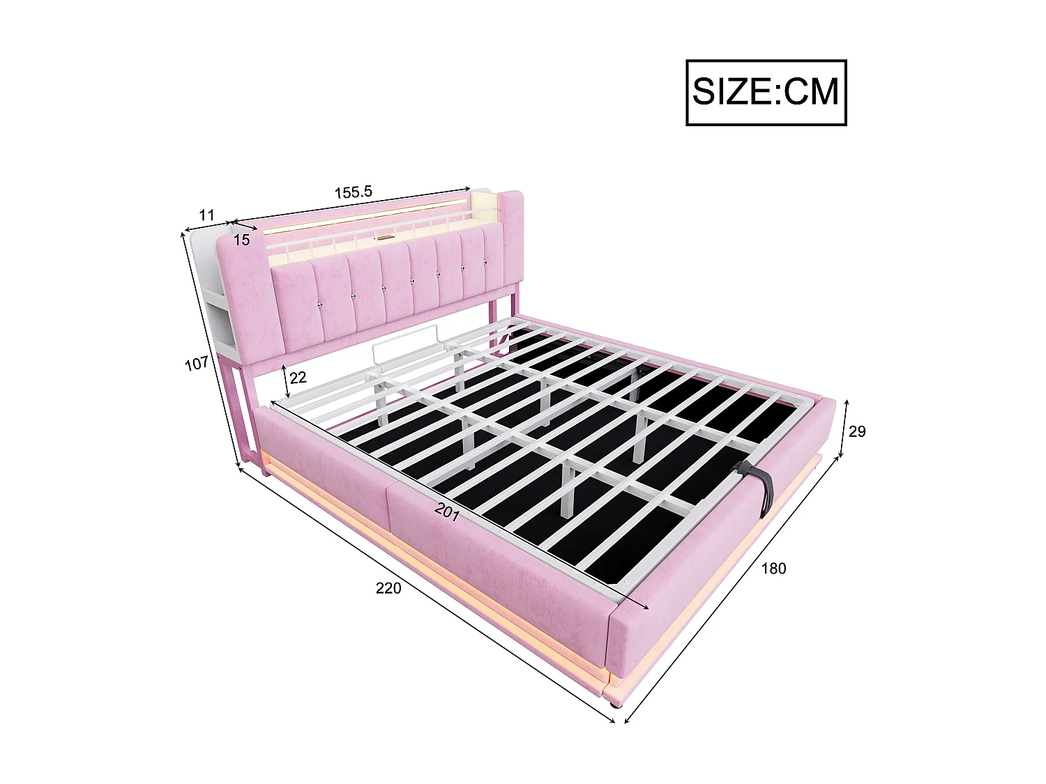 Lit coffre capitonné 180x200 cm - avec lumière LED - avec port USB - velours - rose (matelas non inclus)