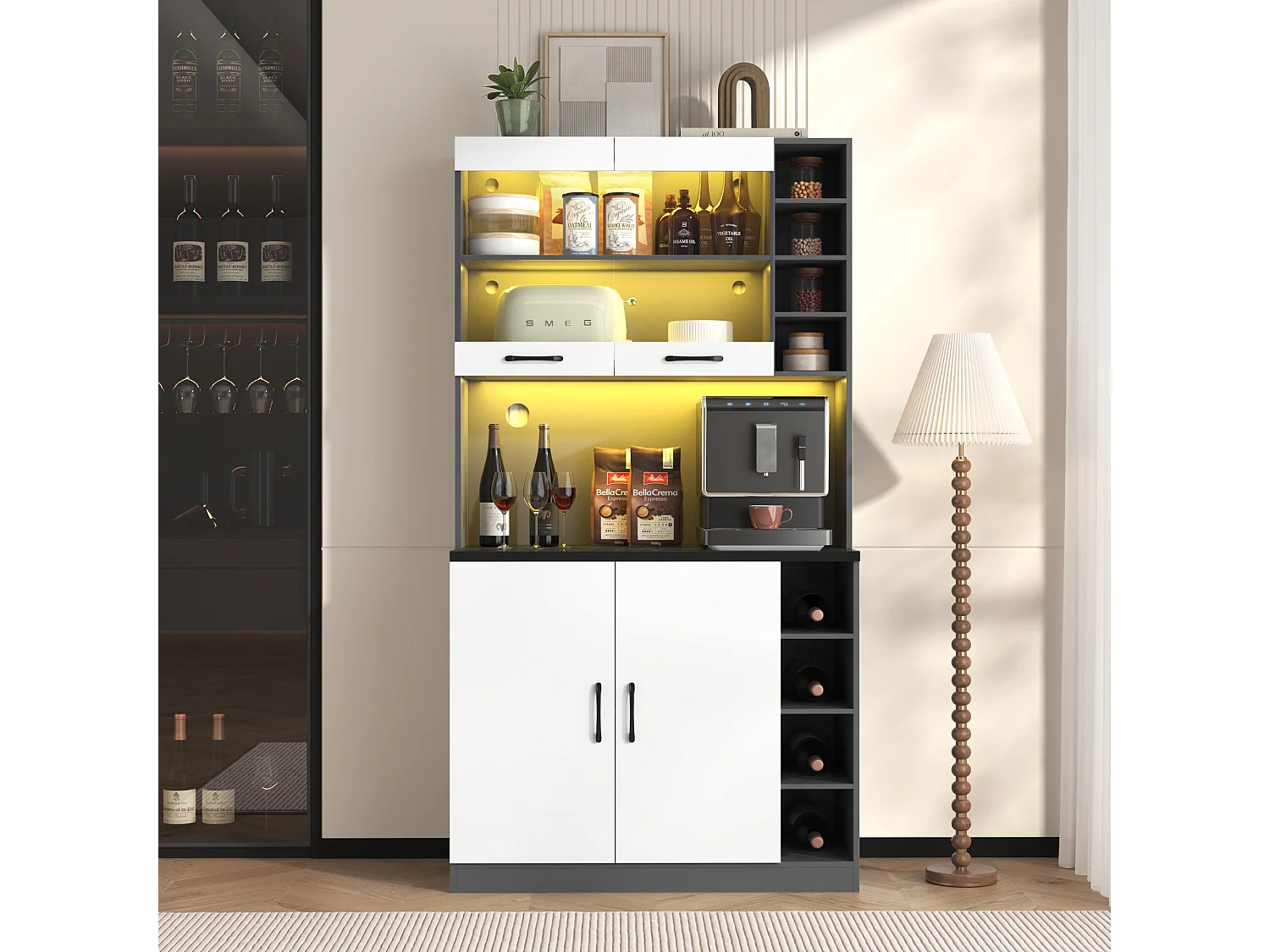 Aparador alto de cozinha - 100 x 47 x 187 cm - com LEDs + 4 portas + prateleiras ajustáveis - MDF + Acrílico - branco