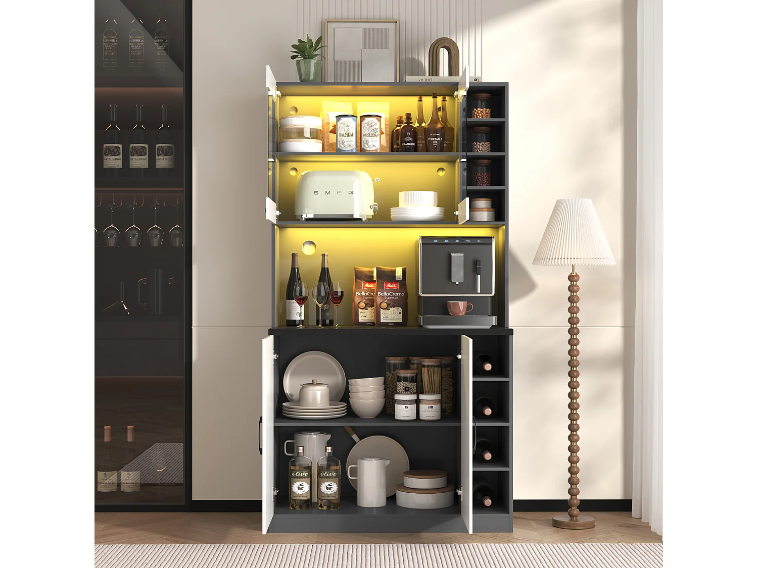 Aparador alto de cozinha - 100 x 47 x 187 cm - com LEDs + 4 portas + prateleiras ajustáveis - MDF + Acrílico - branco