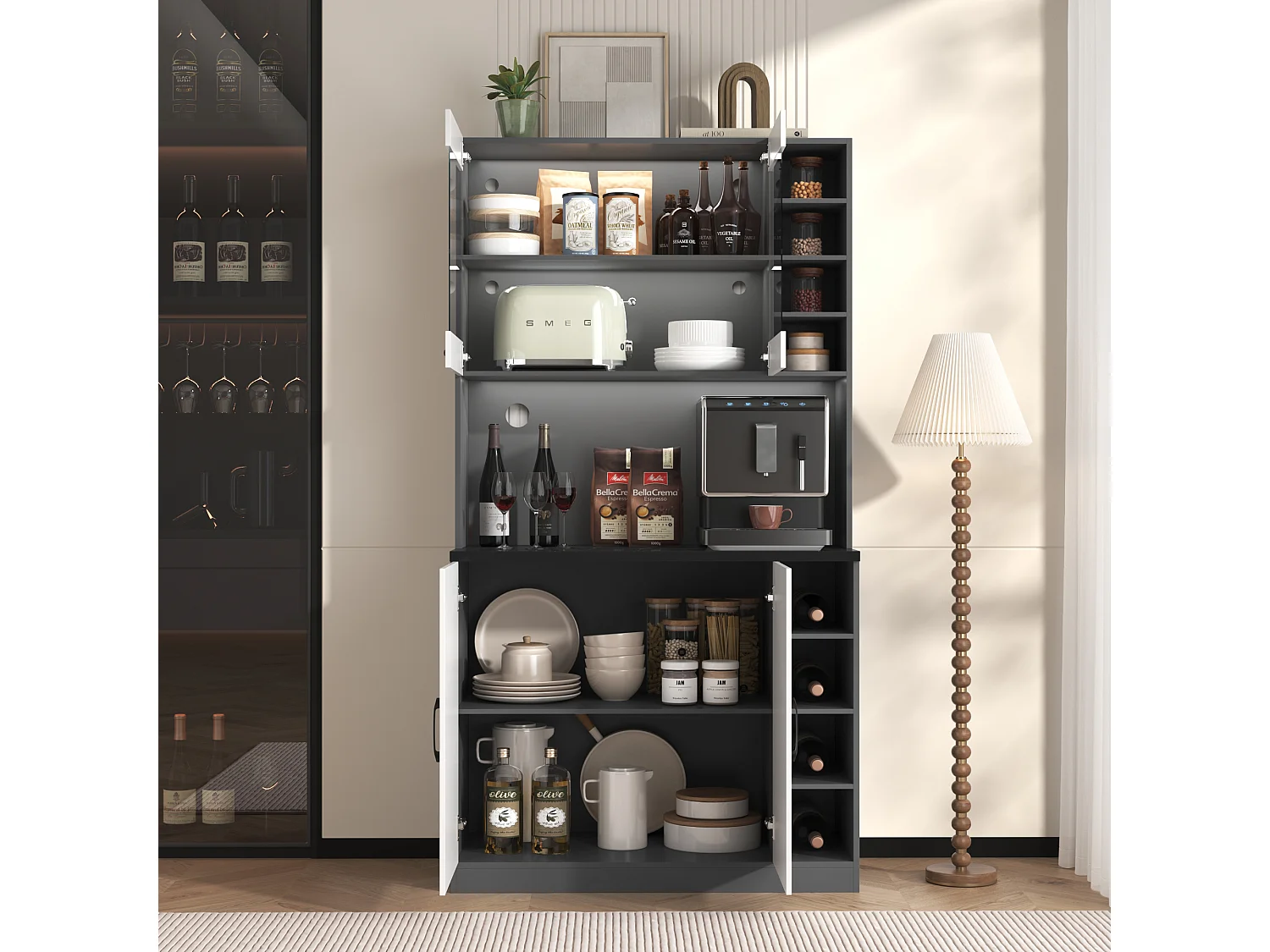 Aparador alto de cozinha - 100 x 47 x 187 cm - com LEDs + 4 portas + prateleiras ajustáveis - MDF + Acrílico - branco