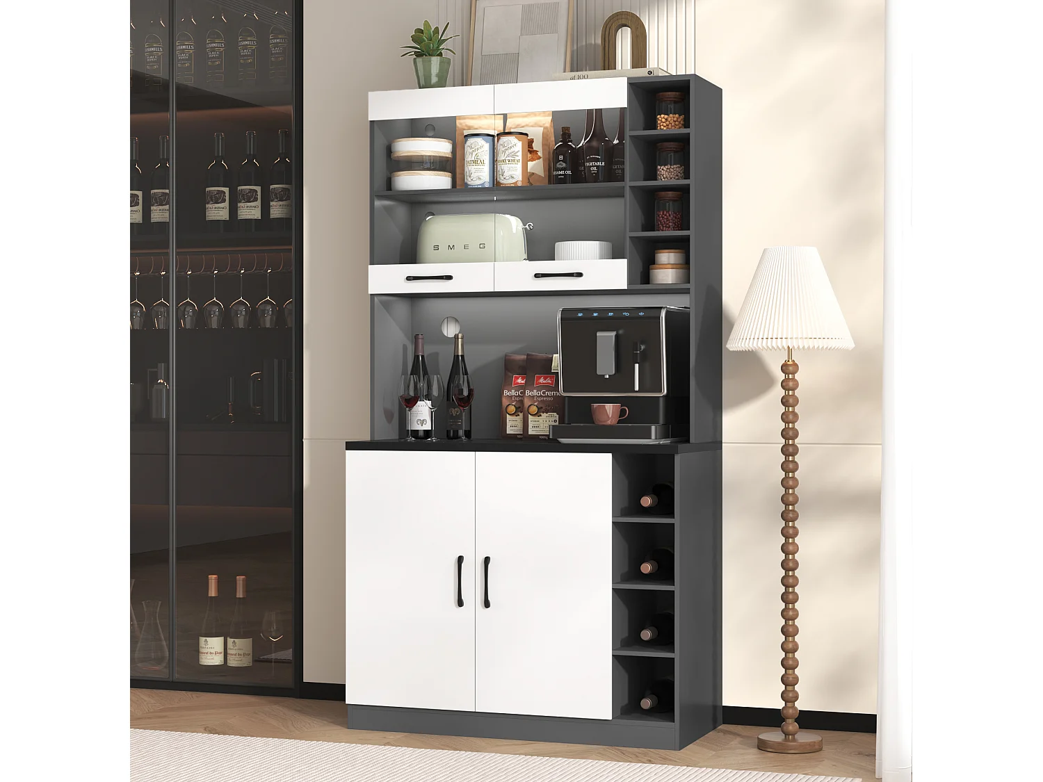 Aparador alto de cozinha - 100 x 47 x 187 cm - com LEDs + 4 portas + prateleiras ajustáveis - MDF + Acrílico - branco