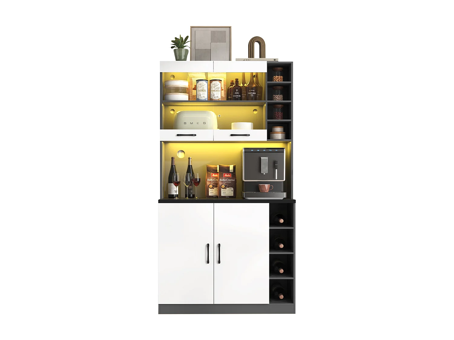 Aparador alto de cozinha - 100 x 47 x 187 cm - com LEDs + 4 portas + prateleiras ajustáveis - MDF + Acrílico - branco