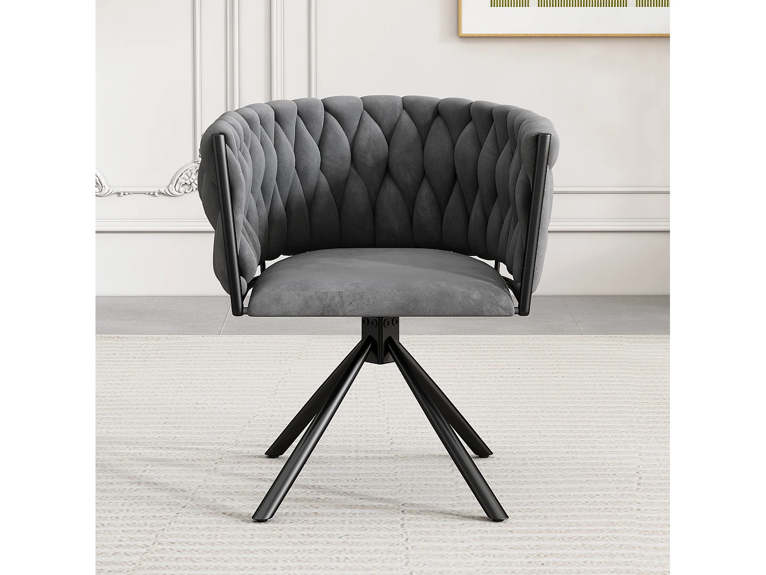 Chaise/fauteuil pivotant de luxe clair pour salon - 61 x 51.5 x 71 cm - 4 pieds en métal - velours - gris