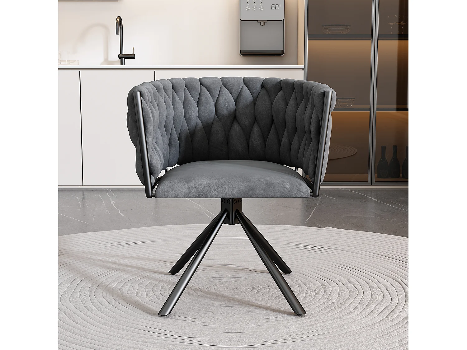 Chaise/fauteuil pivotant de luxe clair pour salon - 61 x 51.5 x 71 cm - 4 pieds en métal - velours - gris