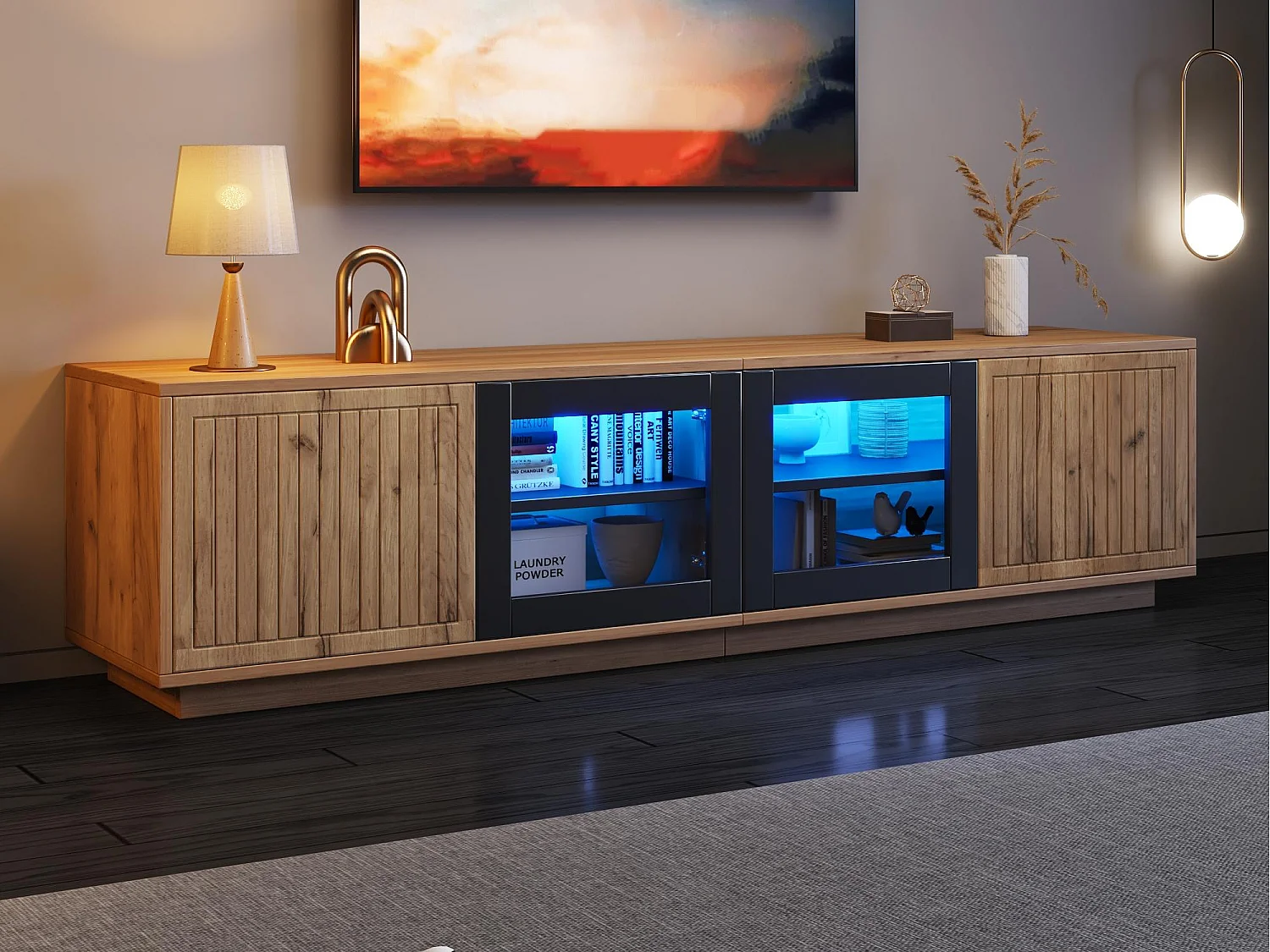 TV-Schrank 180x40x45 cm - mit LED-Beleuchtung - 4 Türen - Glasfront - Spanplatten - Natur + schwarz