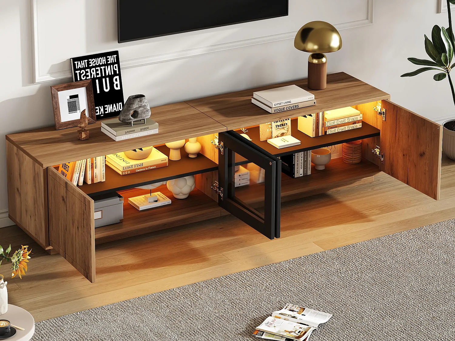 TV-Schrank 180x40x45 cm - mit LED-Beleuchtung - 4 Türen - Glasfront - Spanplatten - Natur + schwarz