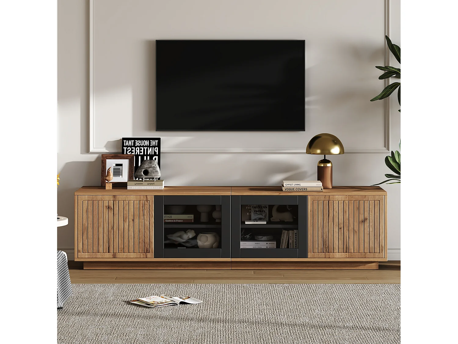 TV-Schrank 180x40x45 cm - mit LED-Beleuchtung - 4 Türen - Glasfront - Spanplatten - Natur + schwarz
