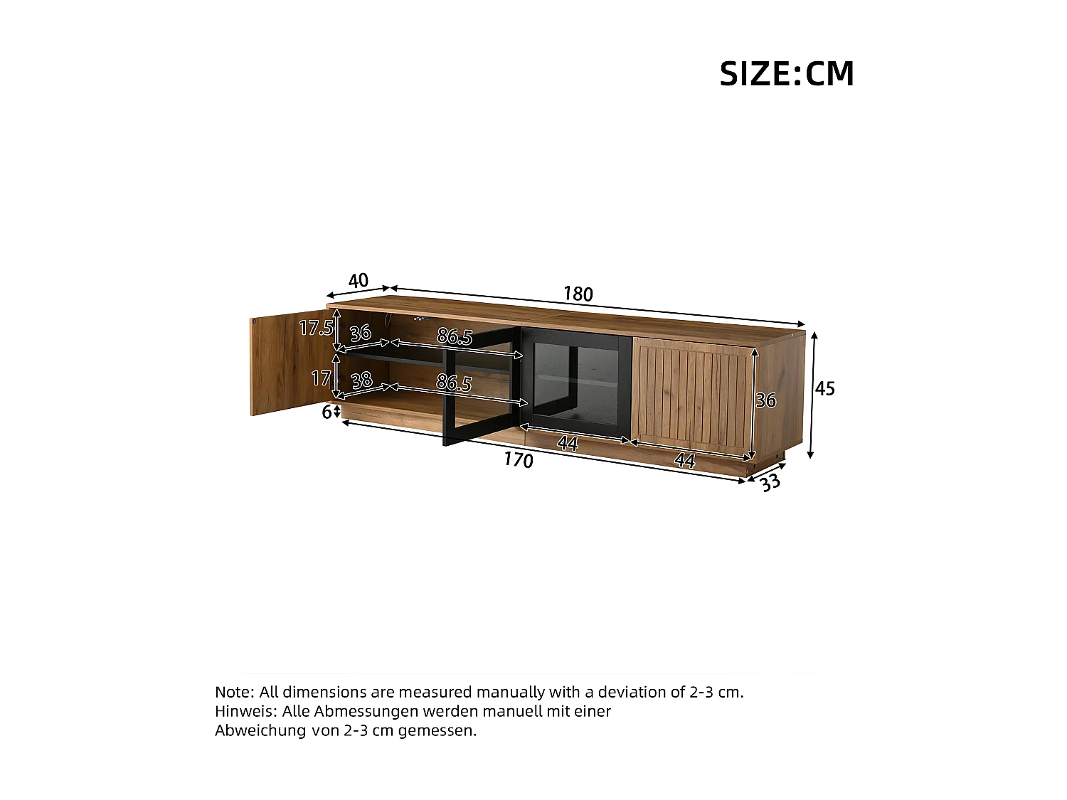 TV-Schrank 180x40x45 cm - mit LED-Beleuchtung - 4 Türen - Glasfront - Spanplatten - Natur + schwarz
