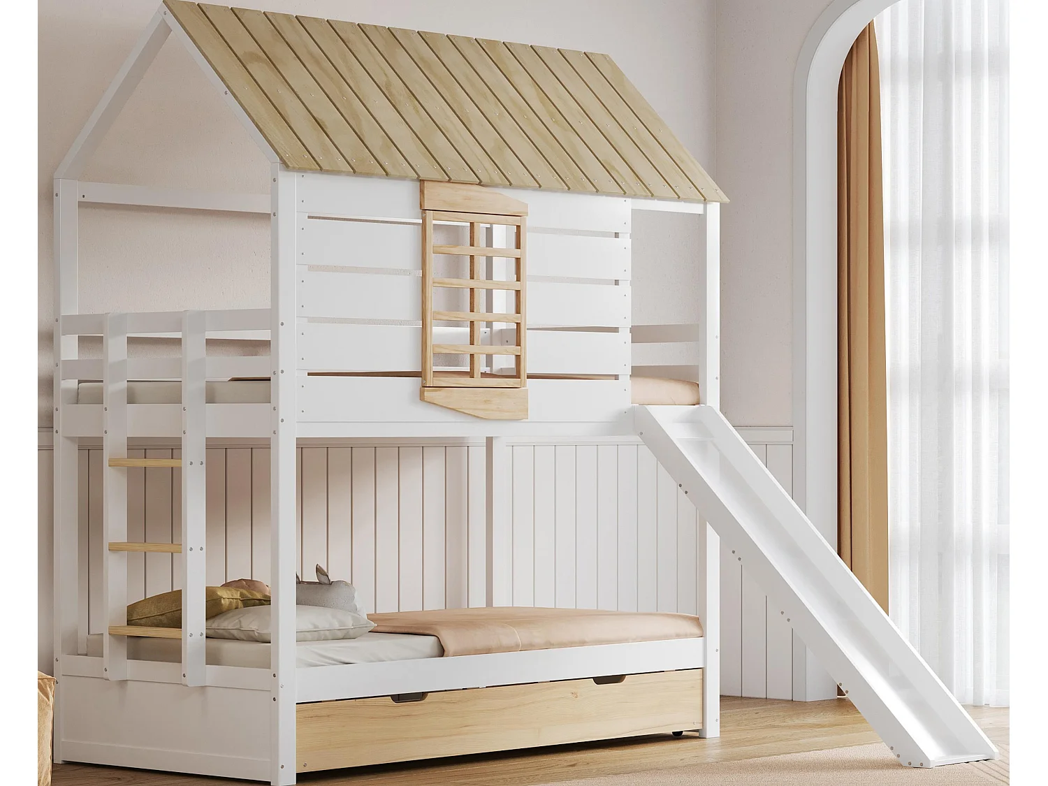 Stapelbed voor kinderen 90x200 cm - met glijbaan en uitklapbed - wit + natuur (zonder matras)