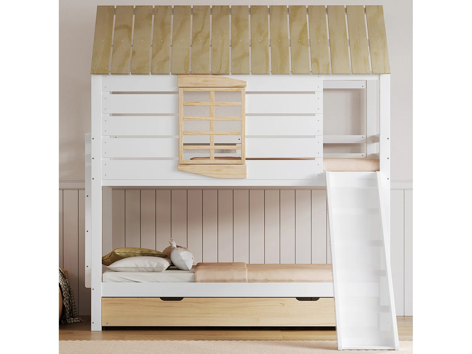 Stapelbed voor kinderen 90x200 cm - met glijbaan en uitklapbed - wit + natuur (zonder matras)