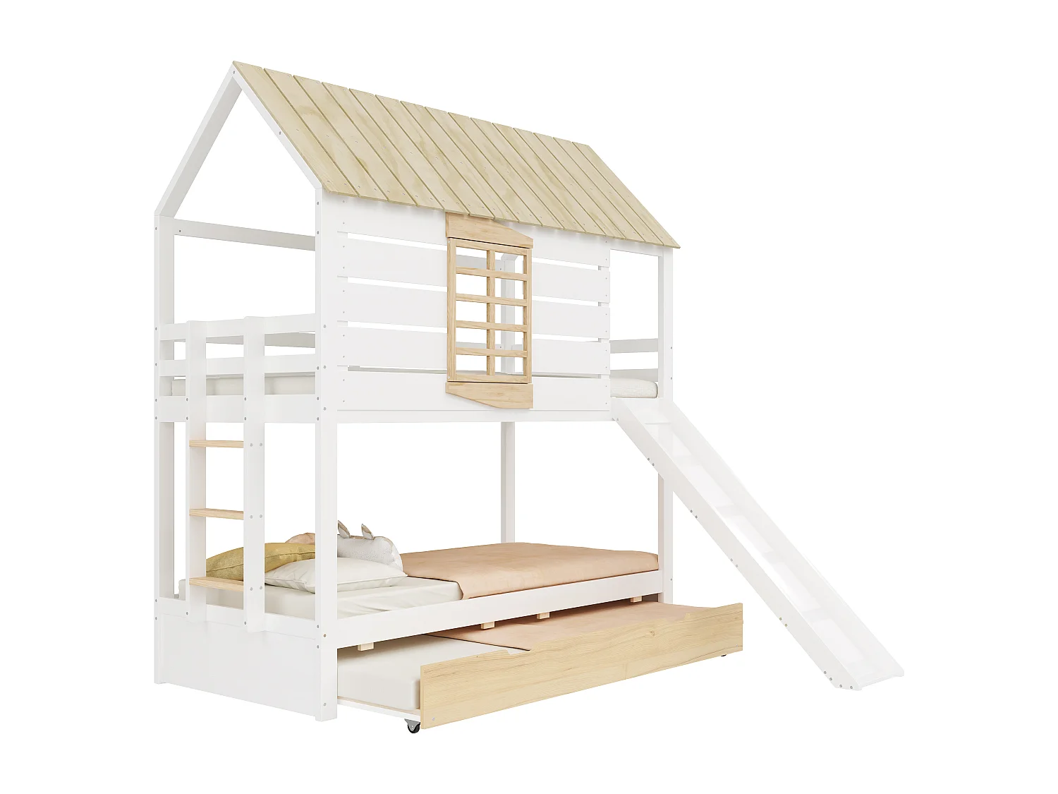 Stapelbed voor kinderen 90x200 cm - met glijbaan en uitklapbed - wit + natuur (zonder matras)