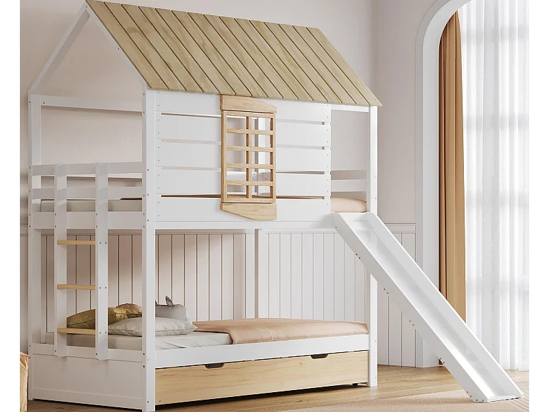 Etagenbett für Kinder 90x200 cm - mit Rutsche und Ausziehbett - weiß + natur (ohne Matratze)