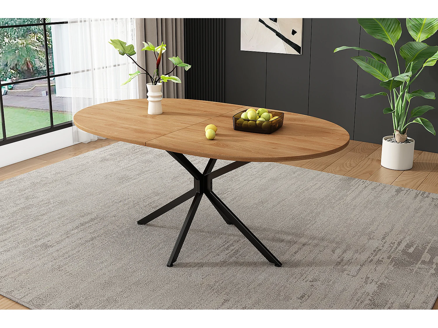 Table à manger ovale - 120 x 80 x 75.5 cm - pieds en métal - pour 4 à 6 personnes - MDF - naturel clair