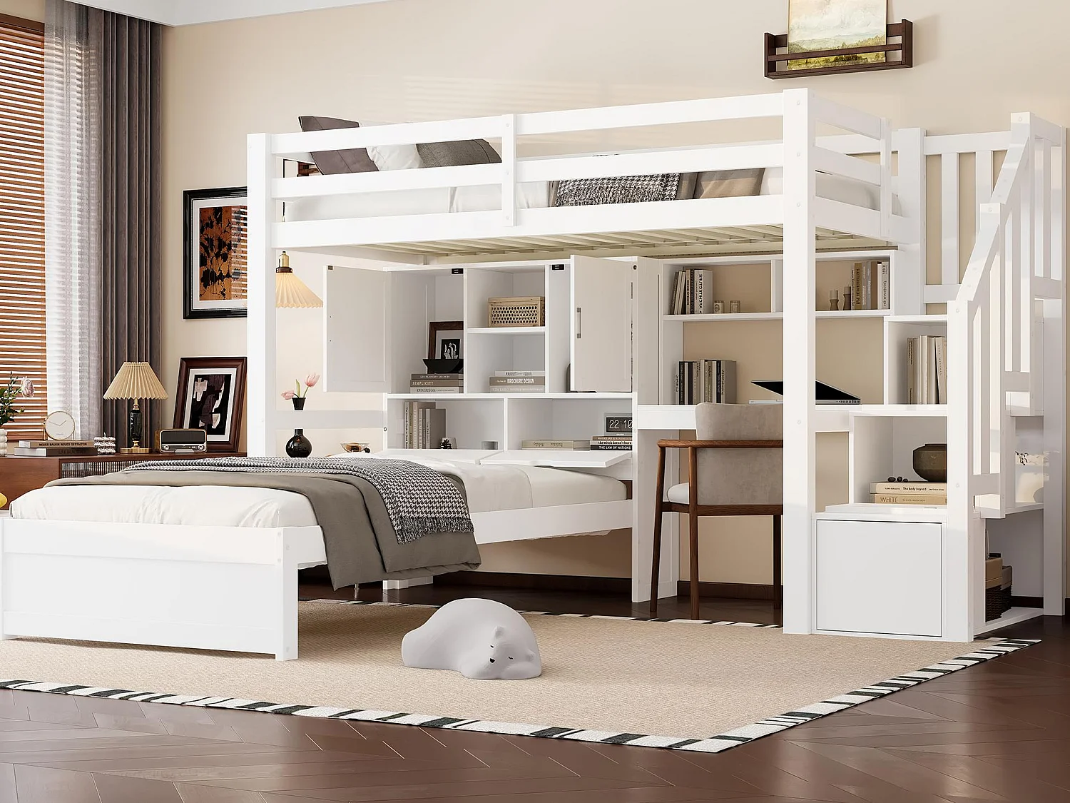 Lit superposé 90x200 cm - avec bureau intégrés - Compartiments de rangement et étagères - MDF - Blanc (matelas non inclus)