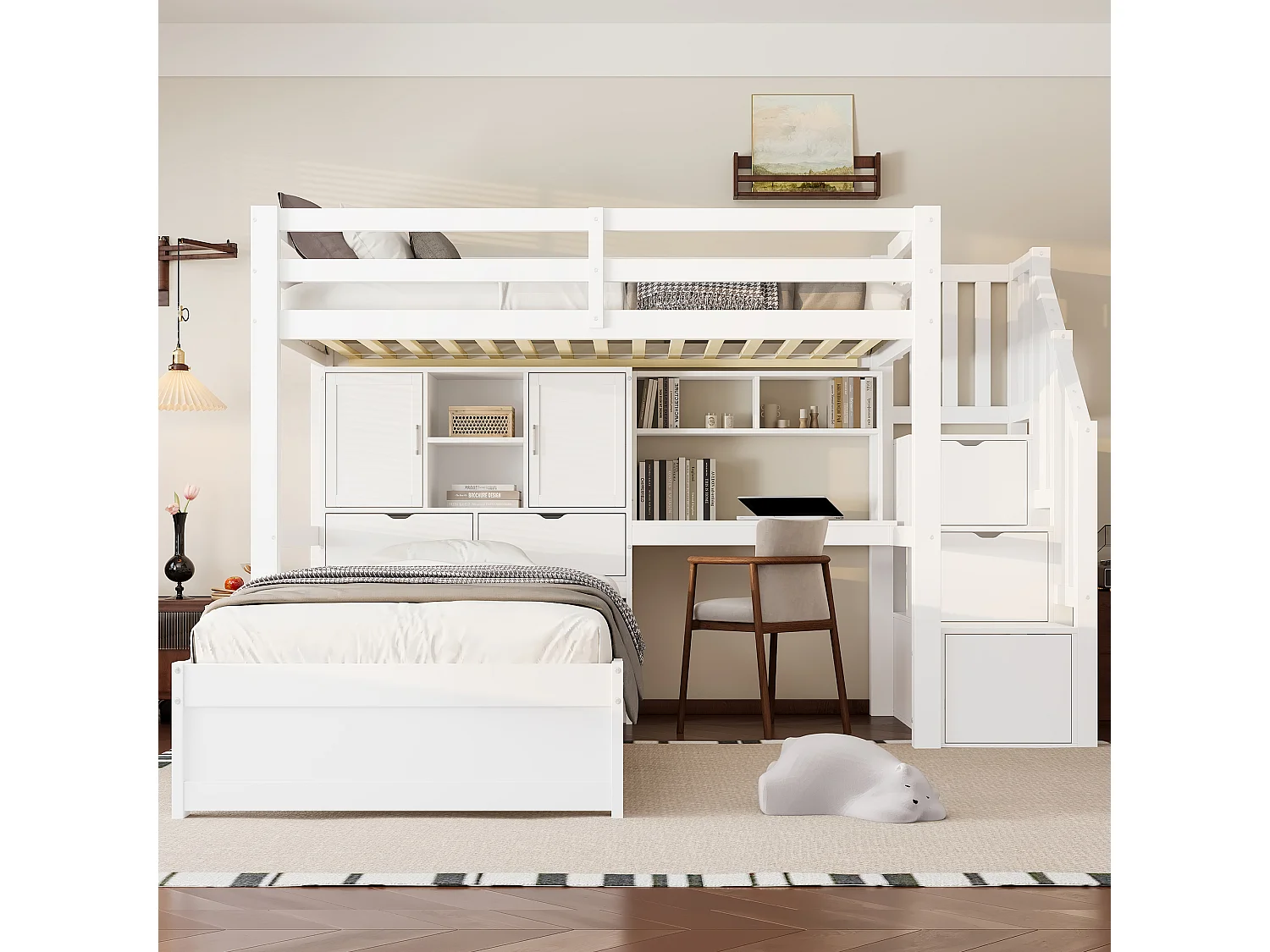 Lit superposé 90x200 cm - avec bureau intégrés - Compartiments de rangement et étagères - MDF - Blanc (matelas non inclus)