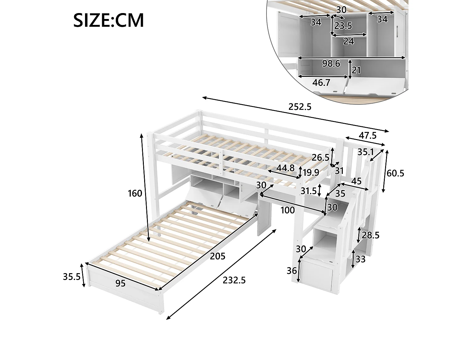 Lit superposé 90x200 cm - avec bureau intégrés - Compartiments de rangement et étagères - MDF - Blanc (matelas non inclus)