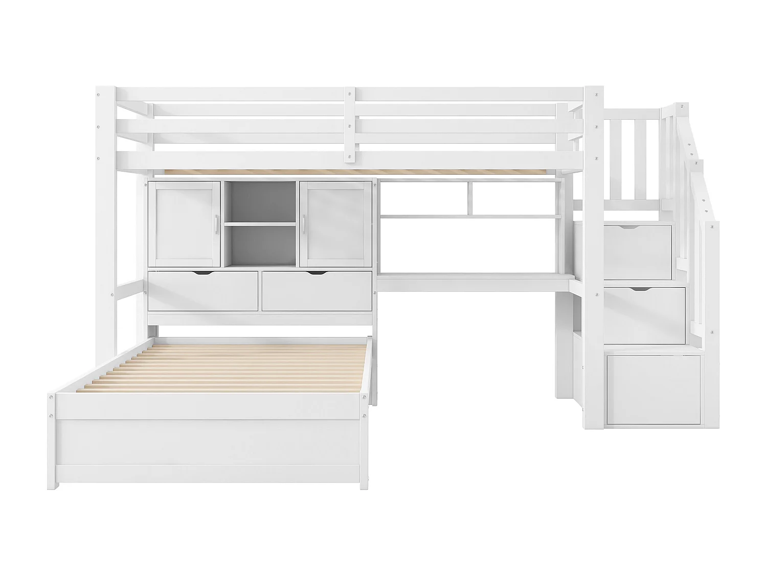 Lit superposé 90x200 cm - avec bureau intégrés - Compartiments de rangement et étagères - MDF - Blanc (matelas non inclus)