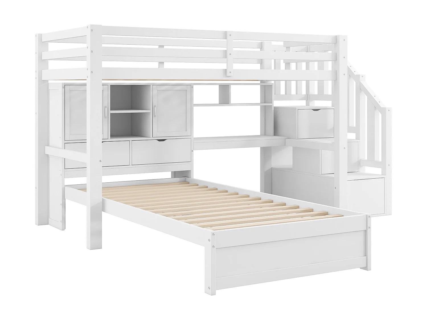 Lit superposé 90x200 cm - avec bureau intégrés - Compartiments de rangement et étagères - MDF - Blanc (matelas non inclus)
