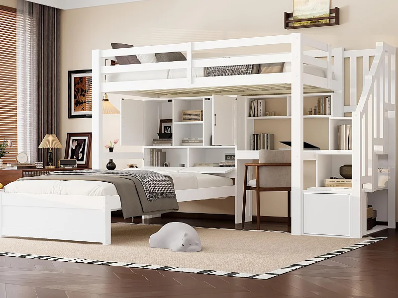 Etagenbett 90x200 cm - mit integriertem Schreibtisch - Staufächer und Regale - MDF - Weiß (Matratze nicht inbegriffen)