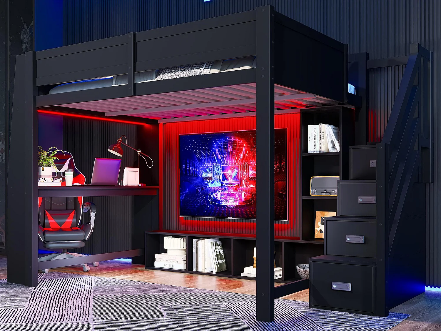 Hochbett 140x200cm - mit LED-Beleuchtung - mit Schreibtisch - Leiter mit Stauraum - MDF - Schwarz (Matratze nicht inbegriffen)