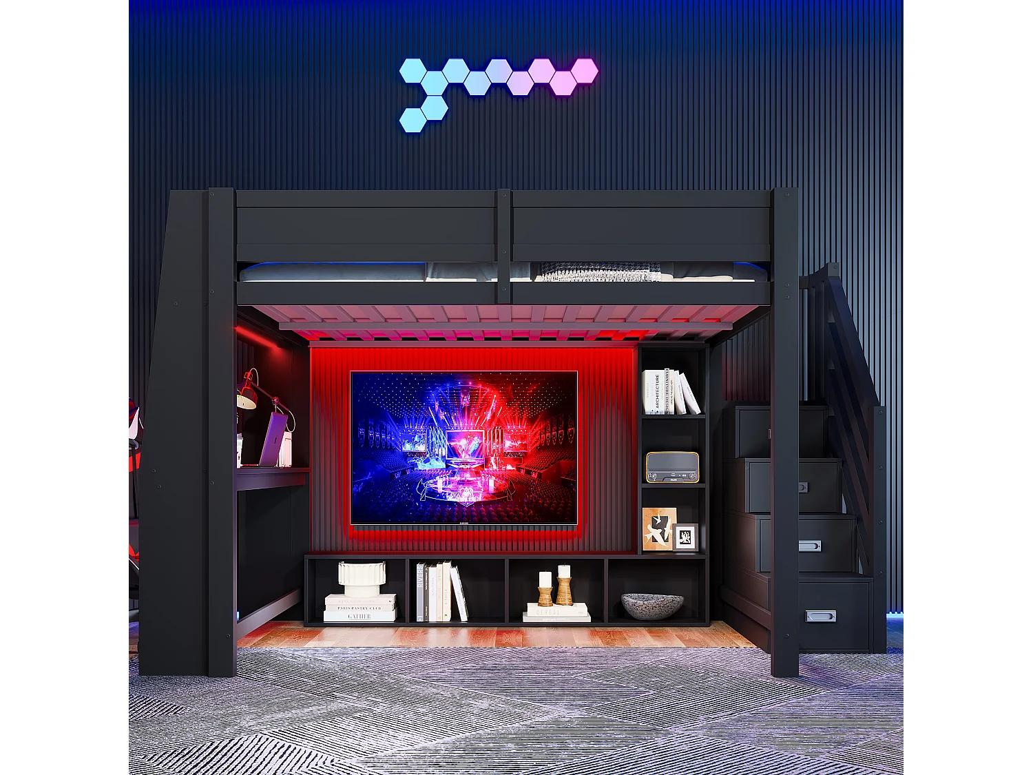 Hochbett 140x200cm - mit LED-Beleuchtung - mit Schreibtisch - Leiter mit Stauraum - MDF - Schwarz (Matratze nicht inbegriffen)