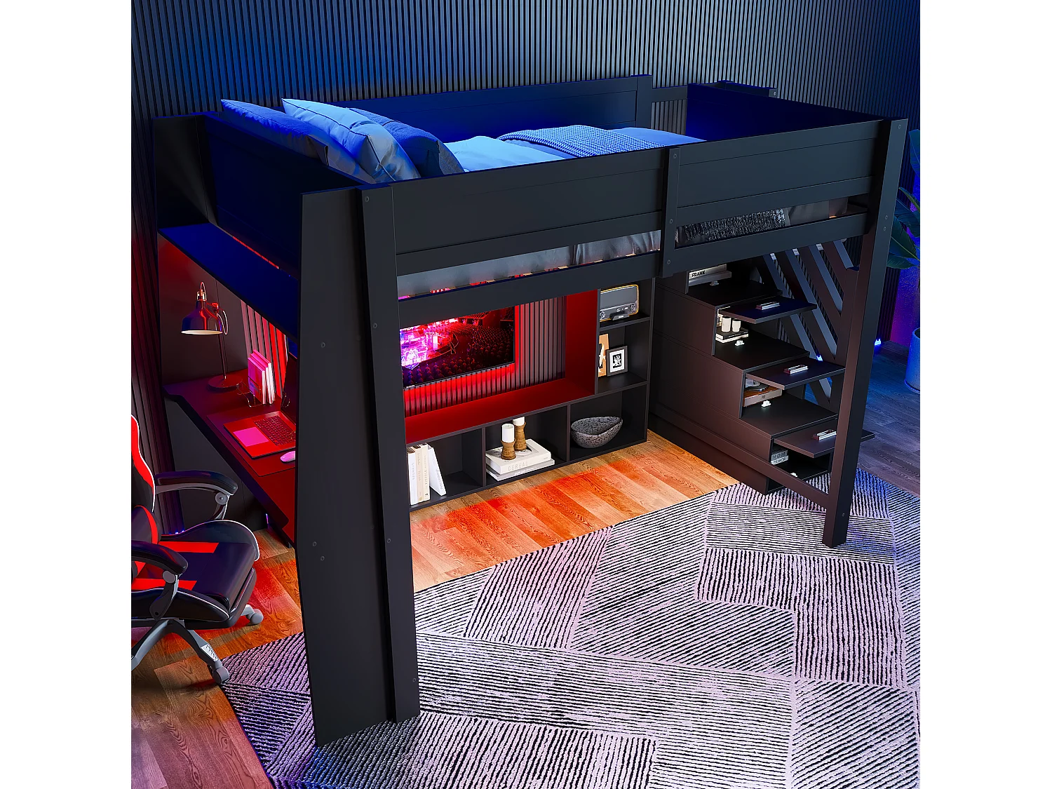 Hochbett 140x200cm - mit LED-Beleuchtung - mit Schreibtisch - Leiter mit Stauraum - MDF - Schwarz (Matratze nicht inbegriffen)