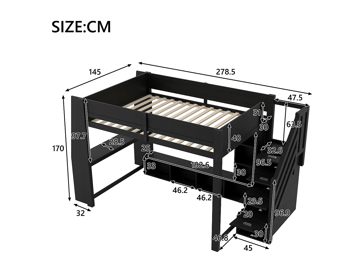 Hochbett 140x200cm - mit LED-Beleuchtung - mit Schreibtisch - Leiter mit Stauraum - MDF - Schwarz (Matratze nicht inbegriffen)