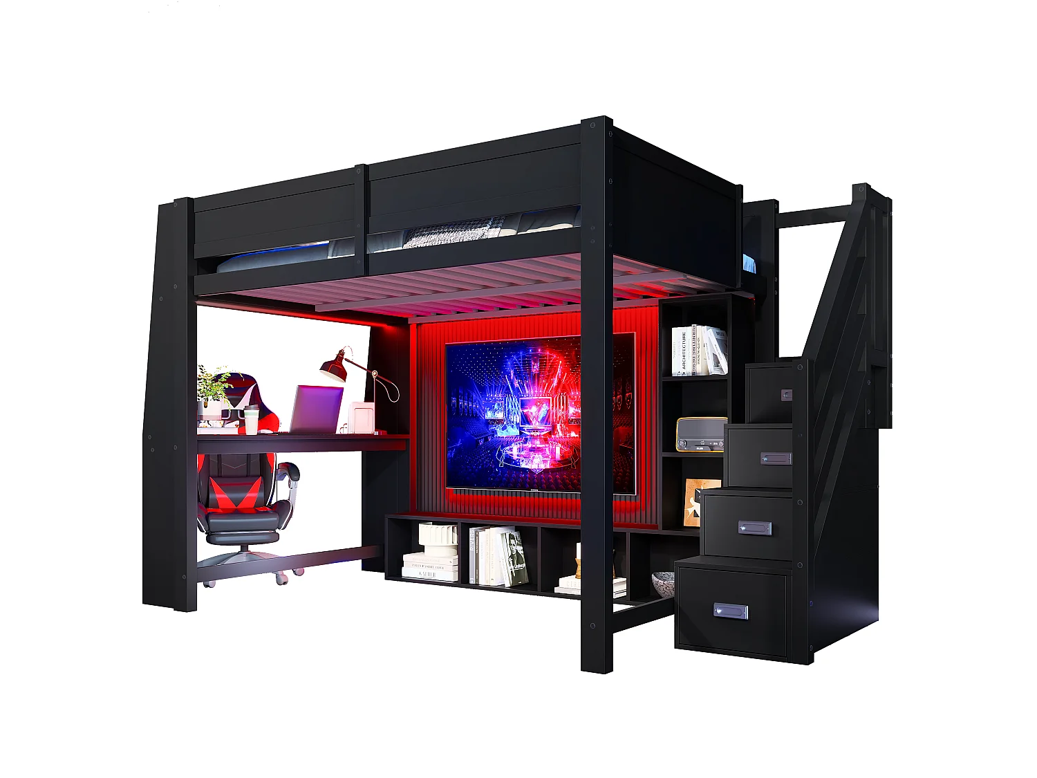 Hochbett 140x200cm - mit LED-Beleuchtung - mit Schreibtisch - Leiter mit Stauraum - MDF - Schwarz (Matratze nicht inbegriffen)