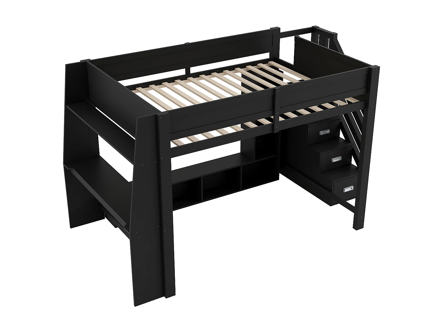 Hochbett 140x200cm - mit LED-Beleuchtung - mit Schreibtisch - Leiter mit Stauraum - MDF - Schwarz (Matratze nicht inbegriffen)