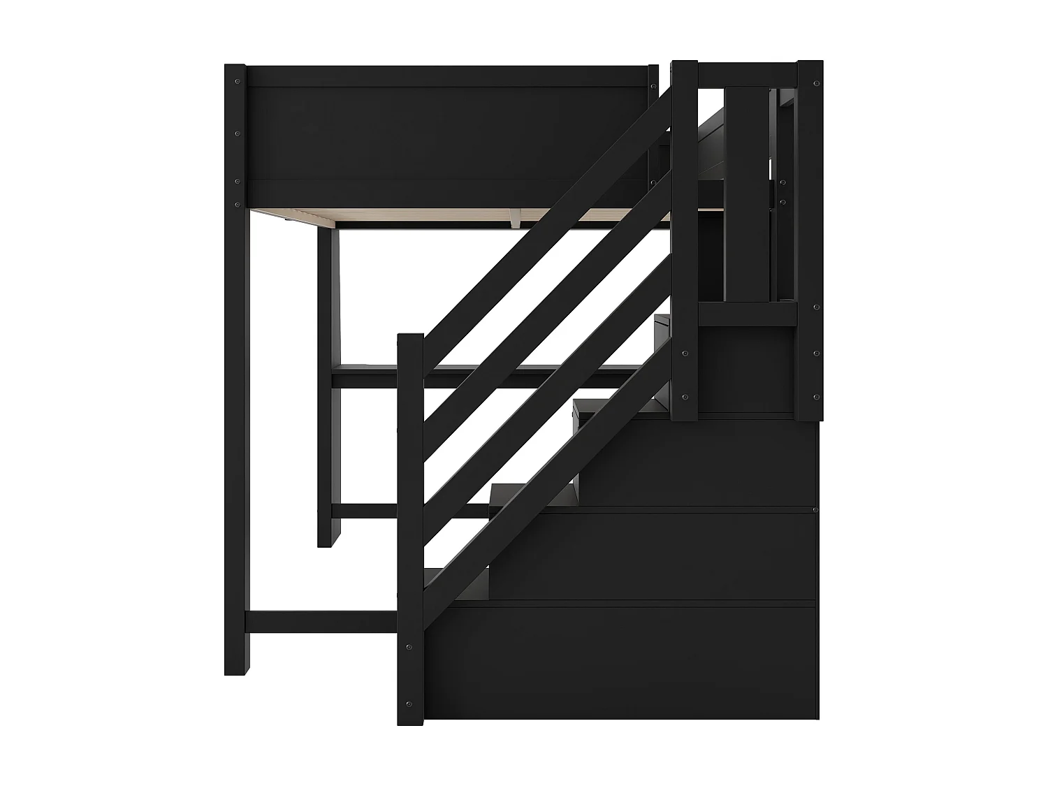 Hochbett 140x200cm - mit LED-Beleuchtung - mit Schreibtisch - Leiter mit Stauraum - MDF - Schwarz (Matratze nicht inbegriffen)