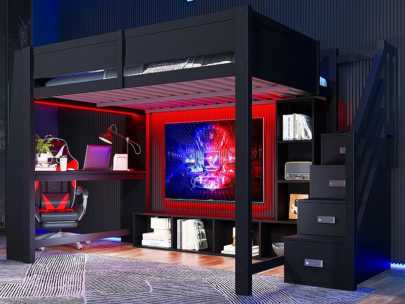 Hochbett 140x200cm - mit LED-Beleuchtung - mit Schreibtisch - Leiter mit Stauraum - MDF - Schwarz (Matratze nicht inbegriffen)