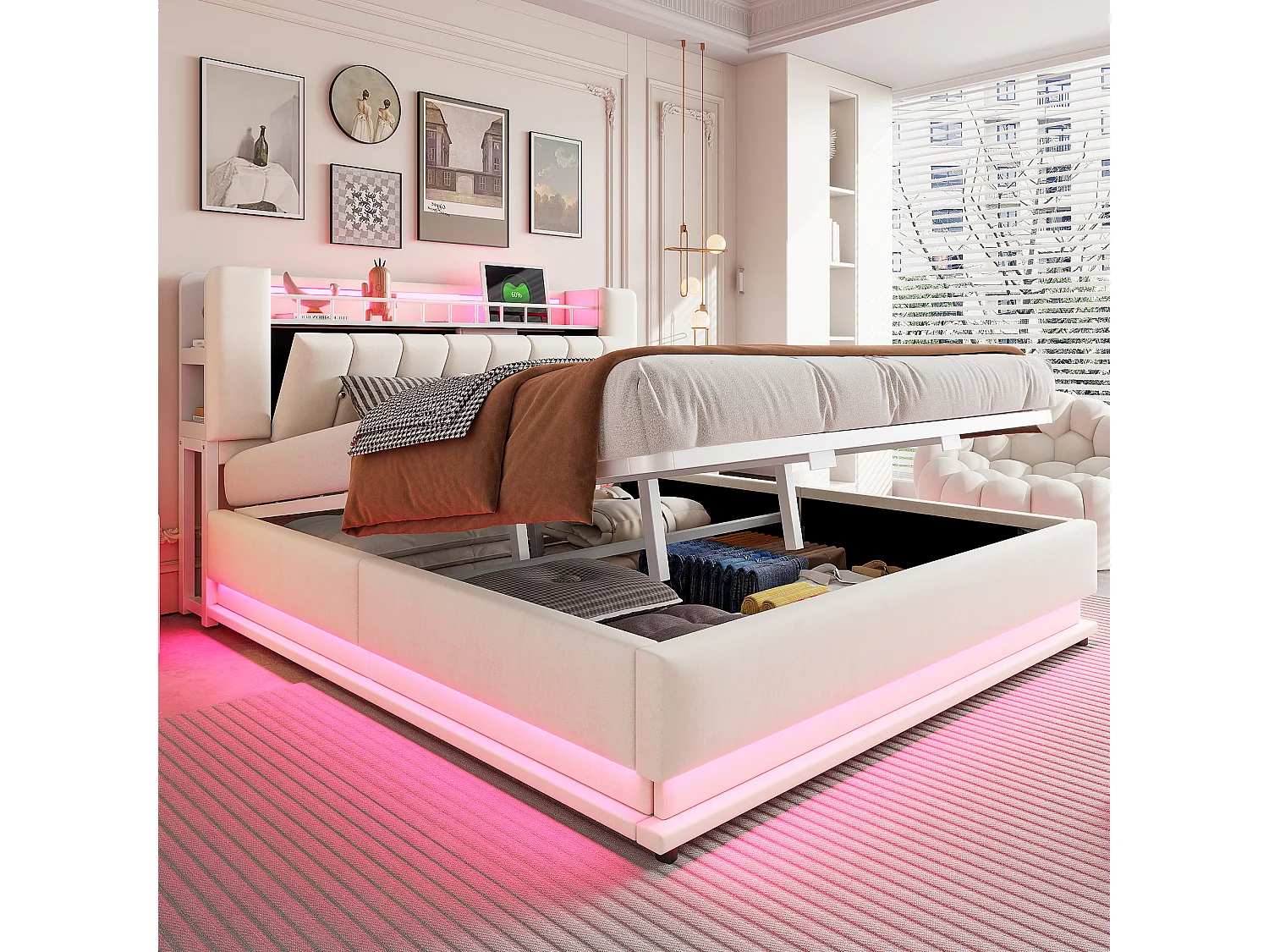 Cama con almacenamiento acolchada 180x200 cm - con luz LED - con puerto USB - terciopelo - beige​ (colchón no incluido)