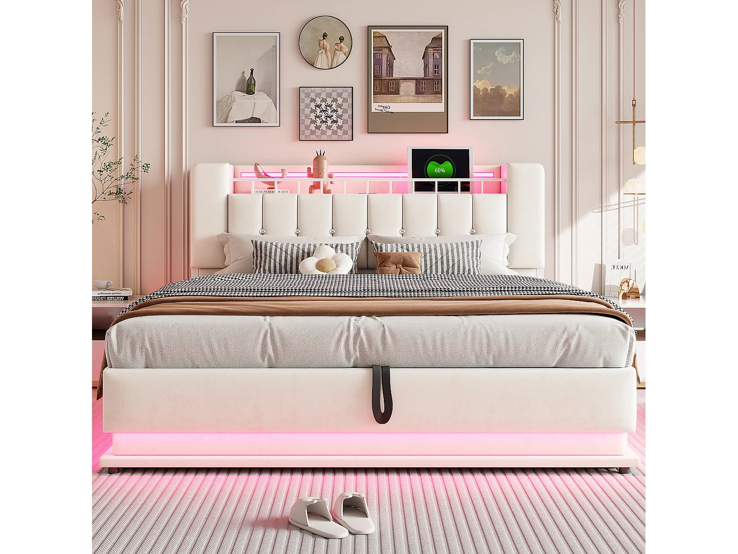 Cama con almacenamiento acolchada 180x200 cm - con luz LED - con puerto USB - terciopelo - beige​ (colchón no incluido)