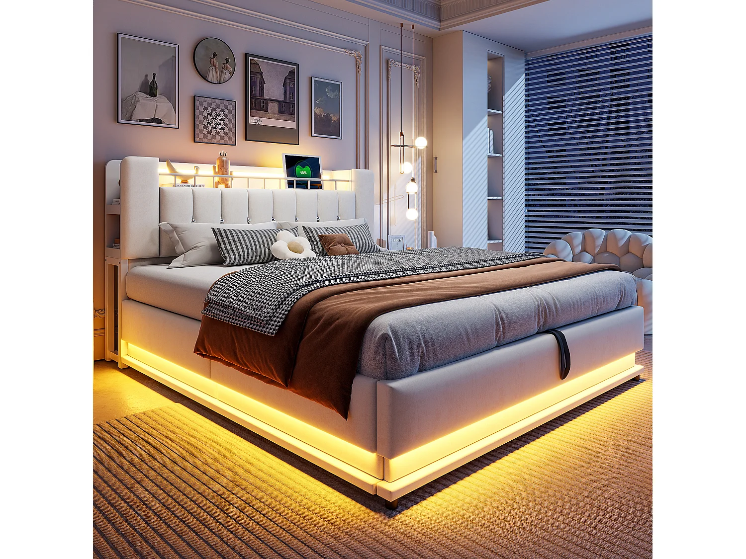Cama con almacenamiento acolchada 180x200 cm - con luz LED - con puerto USB - terciopelo - beige​ (colchón no incluido)