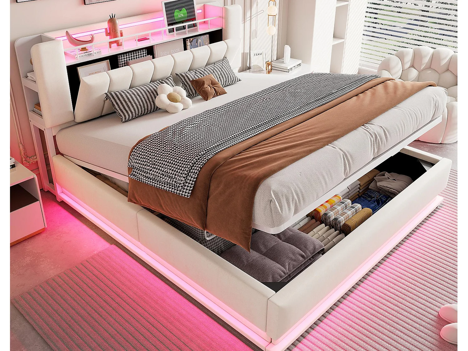 Gepolstertes Stauraumbett 180x200 cm - mit LED-Beleuchtung - mit USB-Anschluss - Samt - beige​ (Matratze nicht inbegriffen)