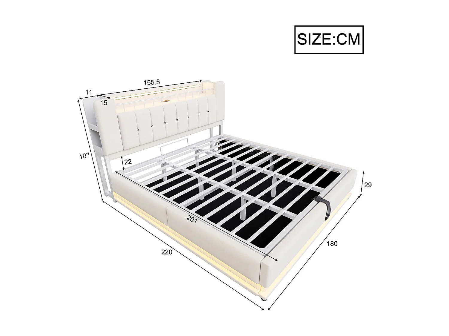 Gepolstertes Stauraumbett 180x200 cm - mit LED-Beleuchtung - mit USB-Anschluss - Samt - beige​ (Matratze nicht inbegriffen)