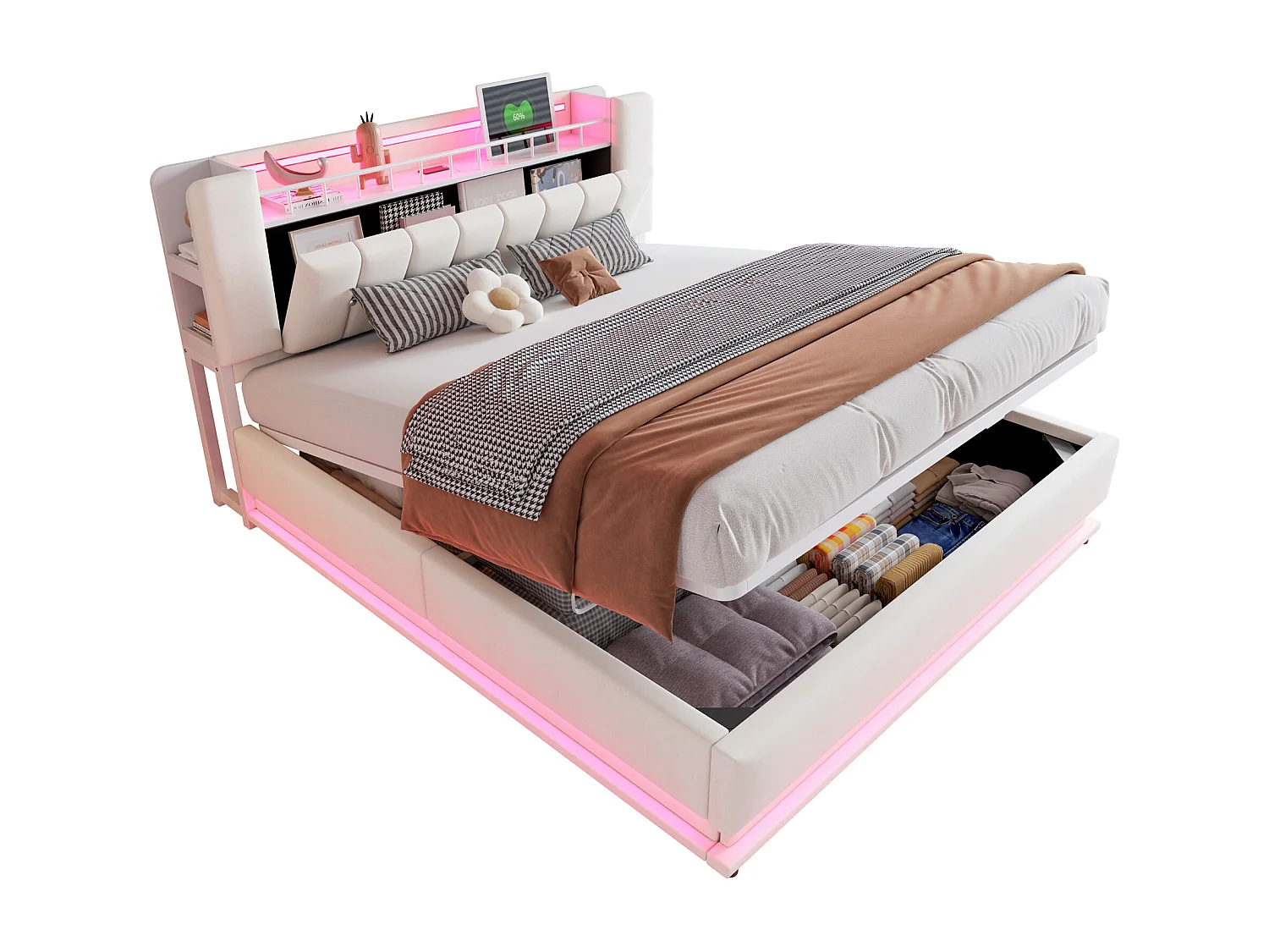 Gepolstertes Stauraumbett 180x200 cm - mit LED-Beleuchtung - mit USB-Anschluss - Samt - beige​ (Matratze nicht inbegriffen)