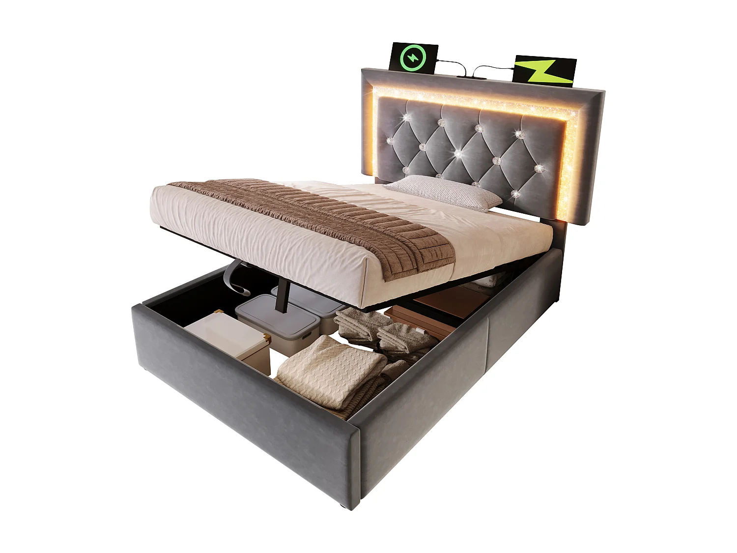 Lit coffre rembourré 90x200cm en velours - avec éclairage LED - avec ports USB et Type-C - avec sommier à lattes - Gris (sans matelas)