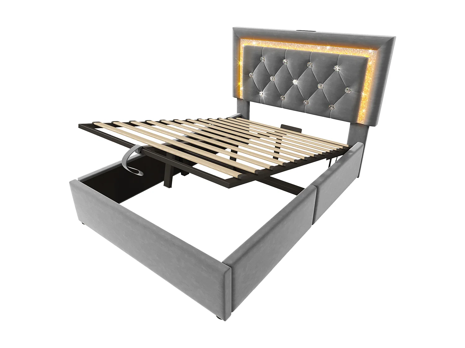 Lit coffre rembourré 90x200cm en velours - avec éclairage LED - avec ports USB et Type-C - avec sommier à lattes - Gris (sans matelas)