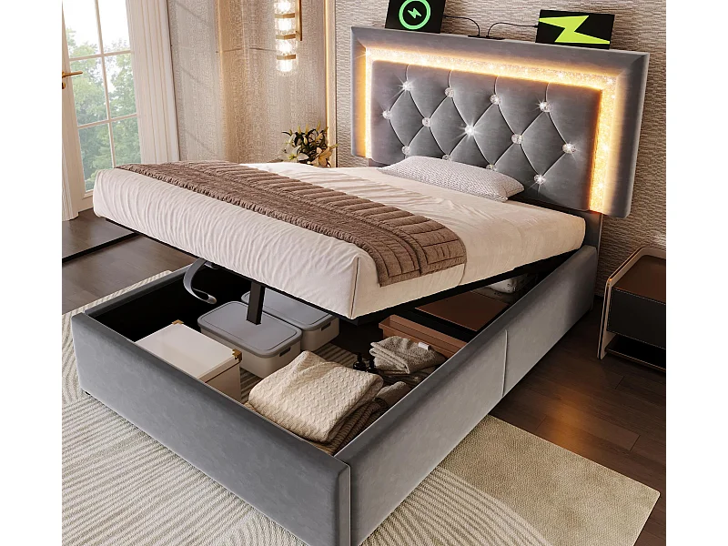 Letto contenitore imbottito 90x200cm in velluto - con illuminazione LED - con porte USB e Tipo-C - con rete a doghe - Grigio​ (senza materasso)