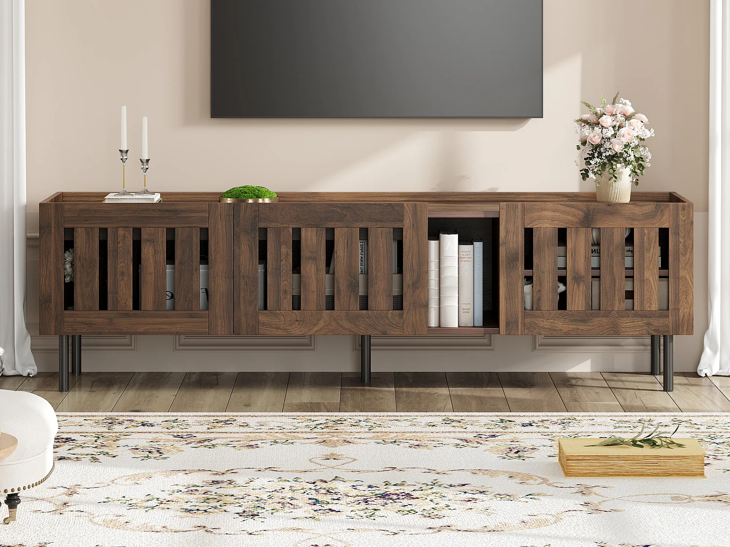 Meuble TV 160x40x47 cm - avec 3 portes - Design ajouré - MDF + métal - Marron