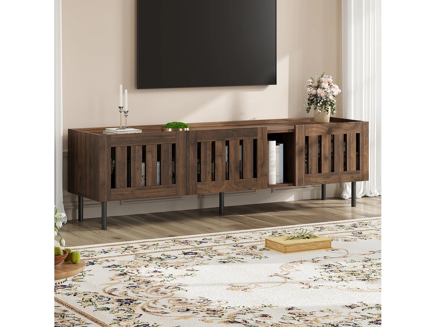 Meuble TV 160x40x47 cm - avec 3 portes - Design ajouré - MDF + métal - Marron